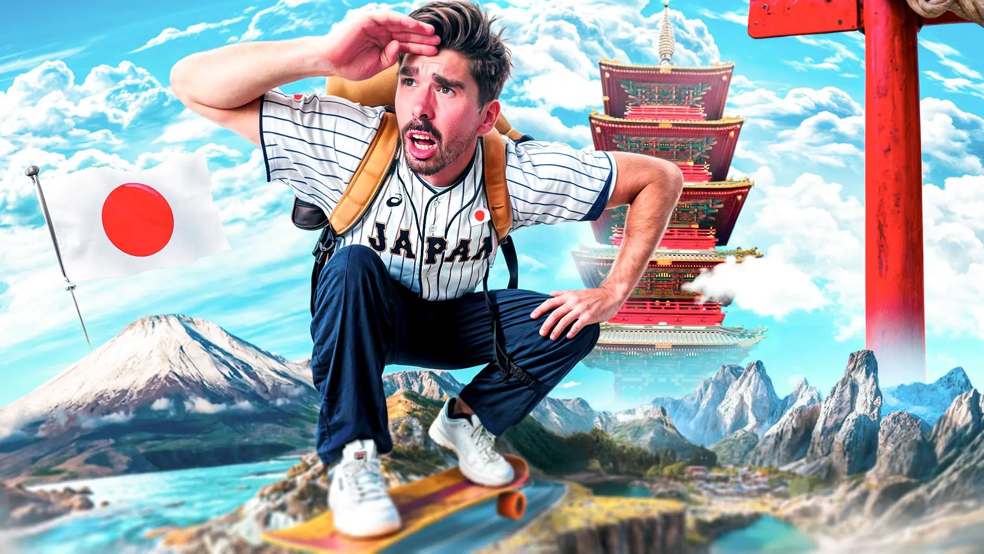 Trunky en skateboard avec le Mont Fuji en arrière-plan